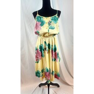 Career C G Guild Yellow Floral Midi Dress Spaghetti‎ Strap Elastic Waist Size 10